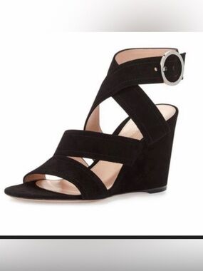 Gianvito Rossi black suede ankle wrap wedge sandals